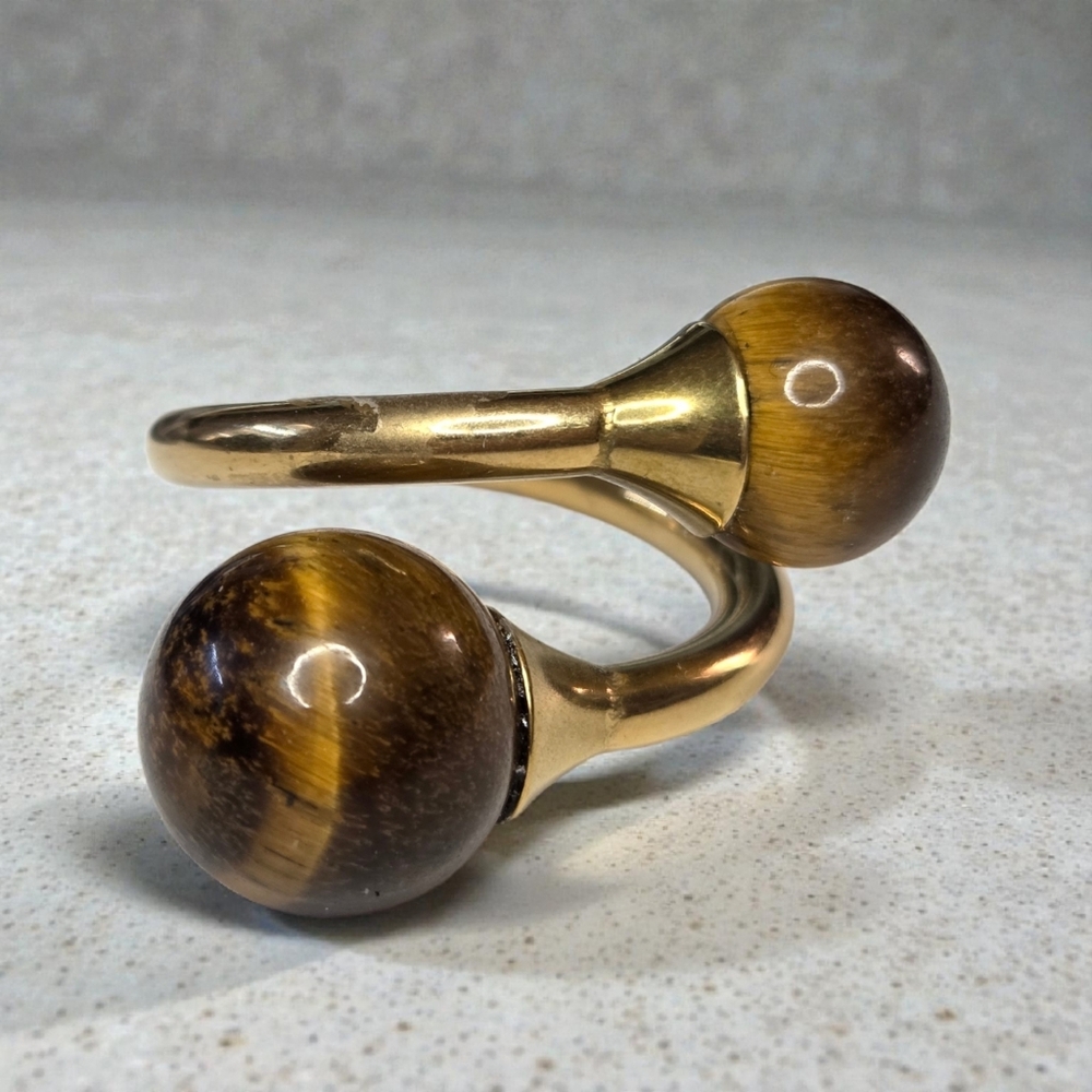 18k Gold Plated Chunky Genuine Tigers Eye Stone Bypass Ring - Picture 2 of 6